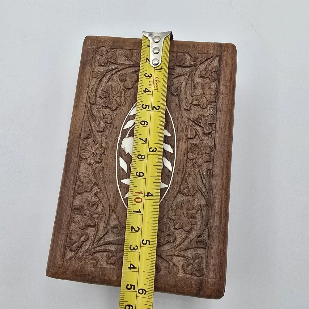 Vintage Hand Carved Wood Box Floral Design Inlay velvet lined Jewelry Box